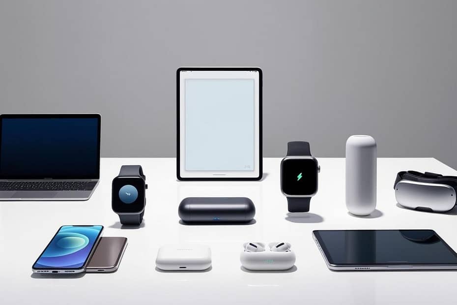 A neatly arranged display of various tech gadgets against a clean, white background. In the foreground, an assortment of sleek, modern devices such as a smartphone, smartwatch, wireless earbuds, and a compact digital camera. In the middle ground, a tablet and a portable power bank. In the background, a laptop, a virtual reality headset, and a smart home speaker. The lighting is soft and even, highlighting the smooth, reflective surfaces of the gadgets. The overall scene conveys a sense of minimalism, functionality, and the seamless integration of technology into daily life.