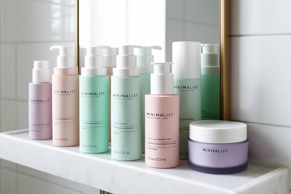 Minimalist Skincare Shelfie – A neatly arranged bathroom shelf or vanity displaying a selection of skincare products for sensitive skin, with soft pastel colors, minimal writing on the containers, and a clean aesthetic to convey a calm and gentle approach to skincare.