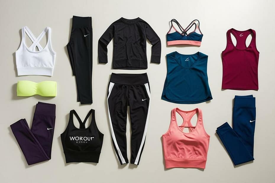 flatlay of different styles of trendy women's workout clothing