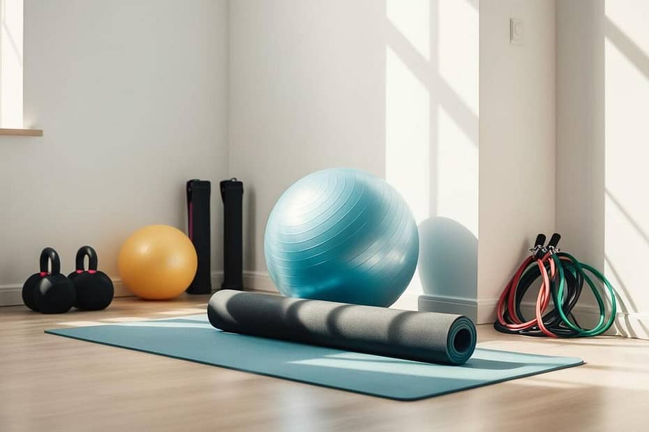 home exercise area with a yoga mat, a balance ball, jump ropes, and fitness bands