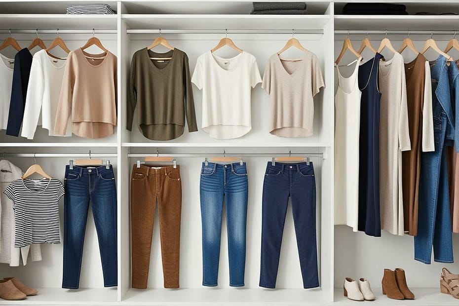 small closet with casual feminine wardrobe staples that can be mixed and matched for any season or occasion